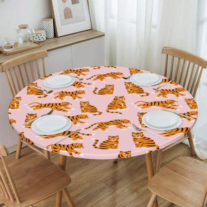 Famame Cute Tigers Pink Round Fitted Tablecloth with Elastic Protector Table Cloth Kitchen Dinner Waterproof Oil-Proof Table Covers Fits 40"-44", Small - color: Seamless Tigers Pink