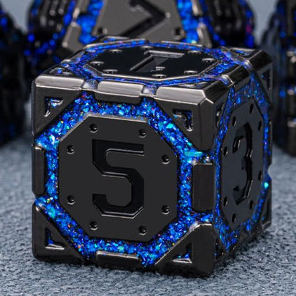 DND Metal Dice Set with Cracks, Polyhedral Dice for RPG D&D Dungeons and Dragons RPG TTRPG D and D 7-Die with Gift Case (Black Nickel Sapphire Blue) - color: Black Nickel Sapphire Blue