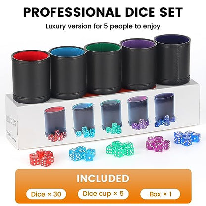 5 Pack PU Leather Dice Cups Velvet Felt-Lined Shaker Cups with 30 Dot Dice for Bar Party Yahtzee Farkle Dice Games - color: Multiple
