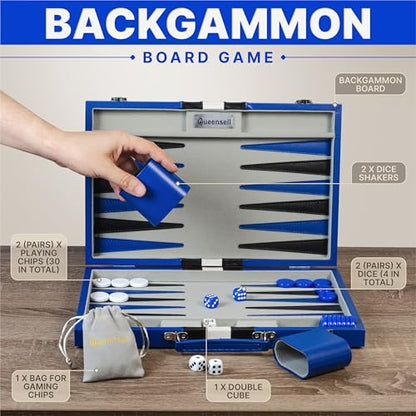 Large Blue Backgammon Sets for Adults - Classic Board Games for 2 Players Adults and Kids - Premium Backgammon Set 15 Inch Board and 32 Backgammon Pieces in Quality PU Leather Case - style: Premium Blue