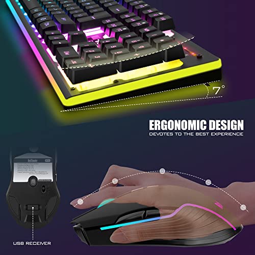 RedThunder K10 Wireless Gaming Keyboard and Mouse Combo, RGB Backlight Rechargeable 3800mAh Battery, 26-Key Anti-ghosting Keyboard + 7D 3200DPI Mice for PC Gamer - color: Black RGB
