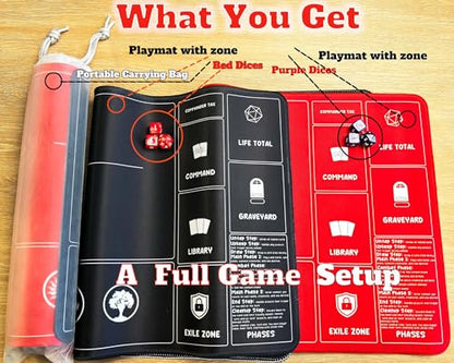 Card Game Playmats MTG Playmat for Beginner 2 Pack with Dices, Magic Mat Commander Deck Card Playmat for TCG MTG Accessories Play Mat 24x14 Inches Duel Card Battles, Black/Red - color: Black+red