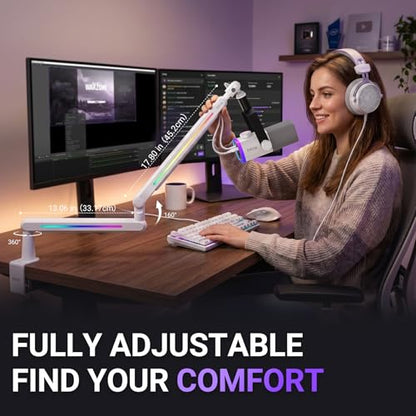 FIFINE BM88ProW RGB Low Profile Microphone Boom Arm for Gaming Streaming | Rotatable Desk Mount Mic Stand, Cable Management, RGB Control for Podcast, - color: white