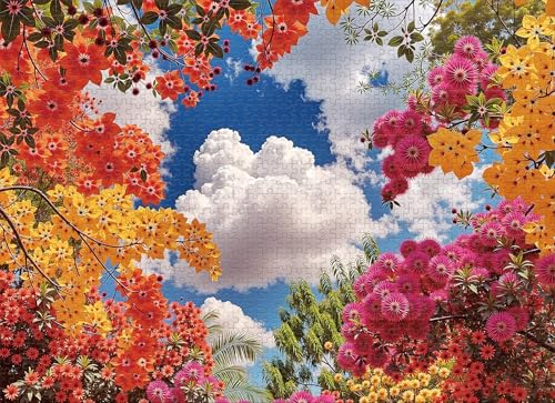 1000 Piece Jigsaw Puzzle for Adults, Tree Canopy Puzzle | Blooming Tree Canopy with Blue Sky and Sunlit Leaves, Relaxing Nature Art, 26.65 x 19.25 in - color: Floral Skyview