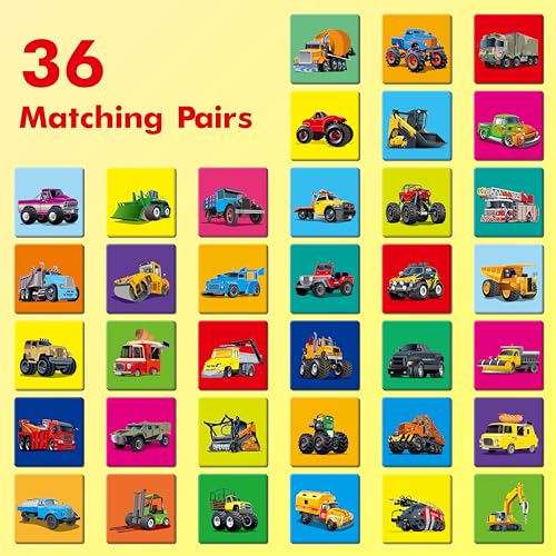 Hebayy Truck Matching Game, 72 PCS Traffic Memory Matching Cards for Toddlers 36 Pairs Transportation Memory Cards Educational Toys for Preschool Boys & Girls 4 5 6 Years Old - style: Truck