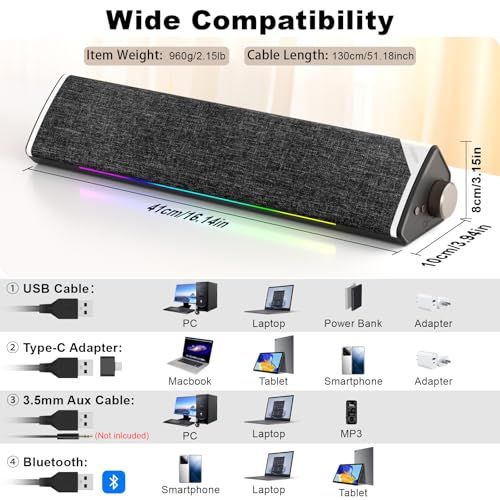 SOULION USB-Powered Wired Bluetooth Computer Speakers for PC Desktop | USB Plug & Play, 5 Dynamic RGB LED Lights Modes, for Desktop, Laptop, Office, Work, Music & Gaming - color: Black