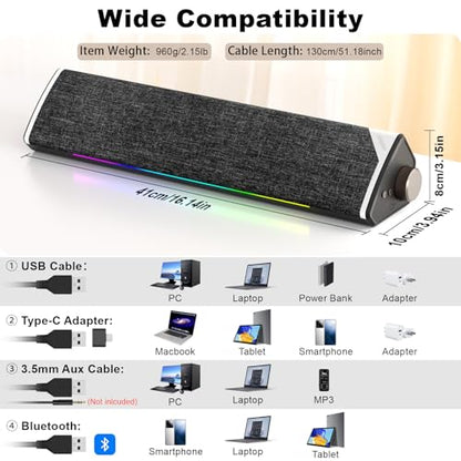 SOULION USB-Powered Wired Bluetooth Computer Speakers for PC Desktop | USB Plug & Play, 5 Dynamic RGB LED Lights Modes, for Desktop, Laptop, Office, Work, Music & Gaming - color: Black
