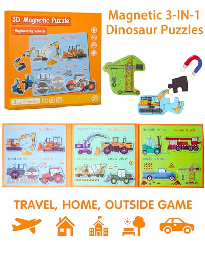 Magnetic Puzzles for Toddlers 3-5, Travel Puzzles for Kids Ages 1-3, Engineering Vehicle Wooden Jigsaw Puzzles Book for Kids 2-4 Learning Gift for Road Trip (Excavator) - style: Engineering Vehicle