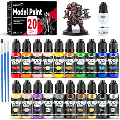 20 Colors Model Paint Set, Model Acrylic Paint Set for Brush & Airbrush Use | 0.7oz/20ml, Includes 3 Brushes & 1 Thinner, Ready to Use, Miniature Paint Set for Models, Gaming Figures, Crafts, 3D Paints