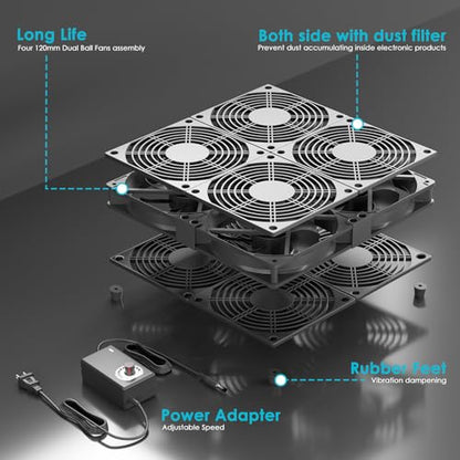 Router TV Box Mac mini DVR Xbox Receiver Cabinet Variable Cooling Fan, 12V 4X 120mm Computer Fan with Speed Controller Dual Ball Bearing - size: 9.5x9.5in cooling pad