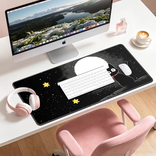 Large Gaming Mouse Pad, XL Desk Protector, Non-Slip Base | 31.5x15.7 in Extended Desk Mat with Stitched Edges for Keyboard, Work, Game, Office, Home PC and Laptop - color: Moon Cat