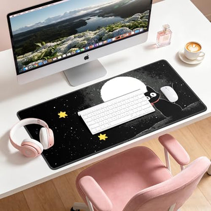 Large Gaming Mouse Pad, XL Desk Protector, Non-Slip Base | 31.5x15.7 in Extended Desk Mat with Stitched Edges for Keyboard, Work, Game, Office, Home PC and Laptop - color: Moon Cat
