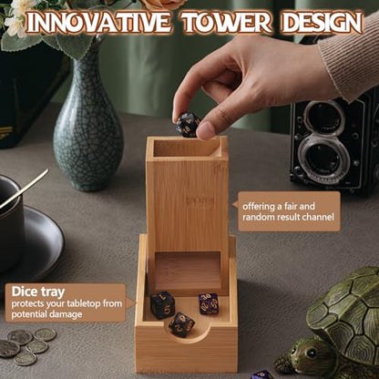 Arrowbash 2 Pcs Dice Roller Tower with 14 Polyhedral Dice Set Foldable Wooden Dices Tower Castle Collapsible Rolling Case for Tabletop Games Board Games, 5.4 x 3.2 x 1.8''