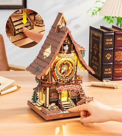 ROKR Cuckoo Clock 3D Wooden Puzzle with LED Light & Hourly Chime for Adults | DIY Wooden Clock Model Building Set, Unique Gift for Women Men