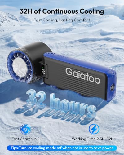 Gaiatop Portable Handheld Turbo Fan with Ice Cooler, 6000mAh, Max 32H | Cooling Fan Portable LED Light, 199-Speed Personal Fan, Rechargeable Hand Held Fans, Outdoor Travel essentials Classic Blue
