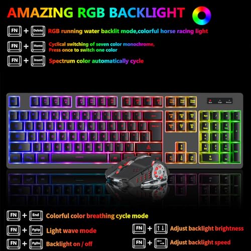 Wireless RGB Gaming Keyboard and Mouse - Rechargeable RGB Backlit,Long Battery Life,Mechanical Feel,7 Color Gaming Mouse for PC Game and Work