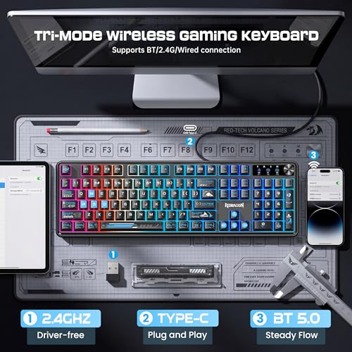 Redragon RM104 Wireless Gaming Keyboard with Knob, Tri-Mode BT/2.4G/USB-C RGB Computer Keyboards, 4000mAh Battery, Programmable Software Support, Anti-Ghosting, Compatible with PC Mac - Black & Blue - color: Black & Blue