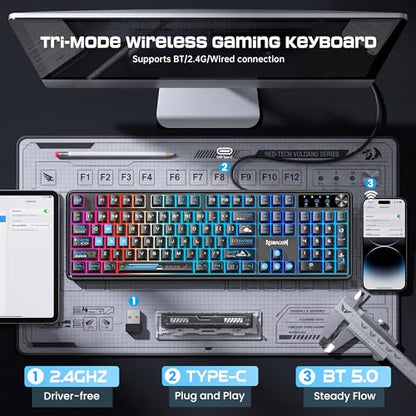 Redragon RM104 Wireless Gaming Keyboard with Knob, Tri-Mode BT/2.4G/USB-C RGB Computer Keyboards, 4000mAh Battery, Programmable Software Support, Anti-Ghosting, Compatible with PC Mac - Black & Blue - color: Black & Blue