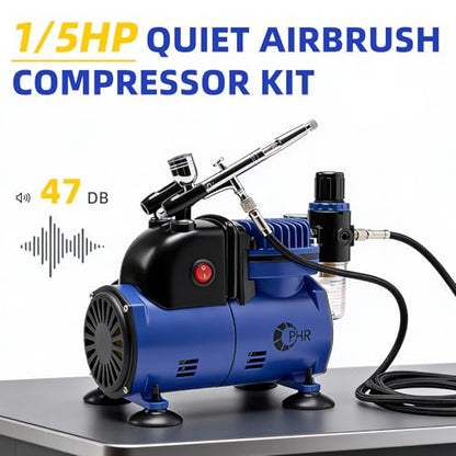 Airbrush Starter Kit with Compressor & Dual-Action Airbrush | Quiet 47db Air Compressor with Cooling Fan, 0.2/0.3/0.5mm Nozzles, 40CC Cup for Home Studios, Model Hobby Set for Beginners