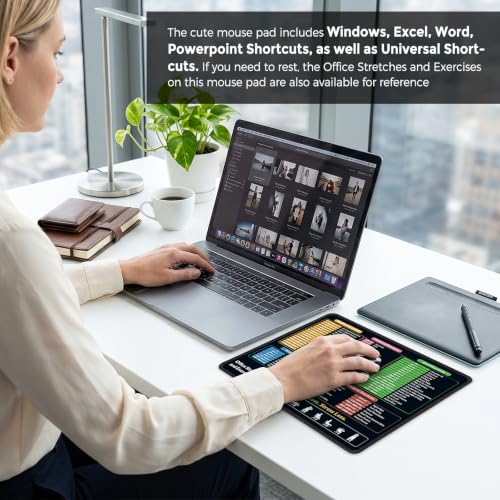 KONVINIT Ergonomic Mouse Pad with Wrist Rest, Small Excel Cheat Sheet Desk Pad with Windows & Office & Excel Shortcuts, Non-Slip Rubber Base Mouse Pads for Desk with Smooth Surface, Black - color: Flat Shortcut
