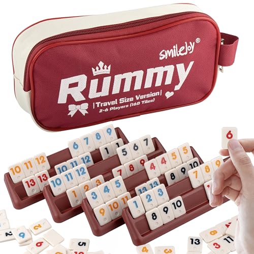 Smilejoy Mini Rummy Cube Six Player Edition, Travel Rummy Game Set with Portable Canvas Bag,Classic Board Game for Adults and Kids |160 Tiles|6 Playing Racks|1 Dice (2-6 Player) - style: Mini (2-6 player)
