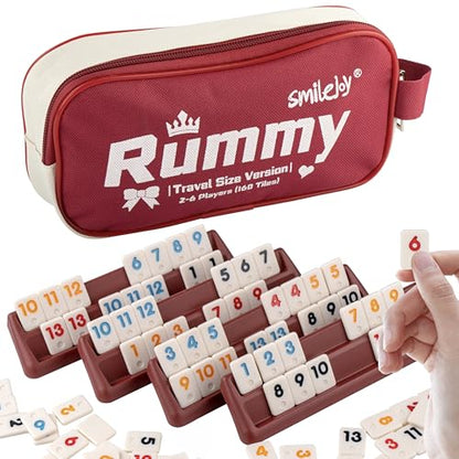 Smilejoy Mini Rummy Cube Six Player Edition, Travel Rummy Game Set with Portable Canvas Bag,Classic Board Game for Adults and Kids |160 Tiles|6 Playing Racks|1 Dice (2-6 Player) - style: Mini (2-6 player)