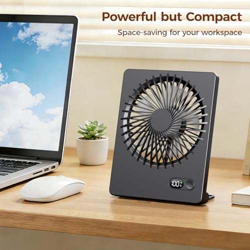 Zuvas Desk Fan Small Rechargeable Battery Table Fans for travel Ultra Quiet | 180° Tilt Folding, LED Dislay, Portable Fan Slim Design, 3 Speed Adjustable, for Office Bedroom Desktop, Cruise Essentials - color: Black