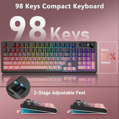 BlueFinger Wireless Gaming Keyboard and Mouse Combo, RGB Backlit, Tri-Mode Bluetooth/2.4G/USB-C Wired, 98 Keys Quiet Keyboard with Number Pad, Volume Knob & Screen, 4800 DPI Mouse for PC/Mac/Laptop - style: Wireless Keyboard & Mouse