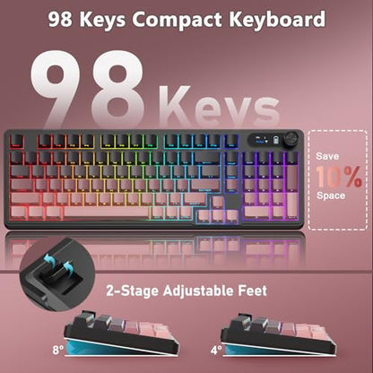 BlueFinger Wireless Gaming Keyboard and Mouse Combo, RGB Backlit, Tri-Mode Bluetooth/2.4G/USB-C Wired, 98 Keys Quiet Keyboard with Number Pad, Volume Knob & Screen, 4800 DPI Mouse for PC/Mac/Laptop - style: Wireless Keyboard & Mouse