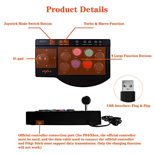 PXN Arcade Fight Stick 0082 Arcade Game Fighter Joystick, with Turbo & Macro Functions, with USB Port, Suitable for PS3, PS4, Xbox One, Xbox Series X/S, Nintendo Switch, PC Windows.