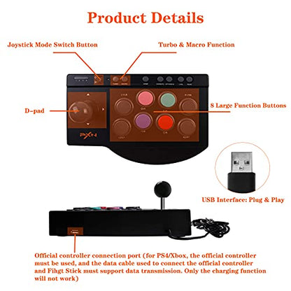 PXN Arcade Fight Stick 0082 Arcade Game Fighter Joystick, with Turbo & Macro Functions, with USB Port, Suitable for PS3, PS4, Xbox One, Xbox Series X/S, Nintendo Switch, PC Windows.