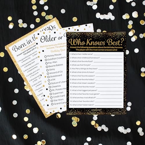 Black and Gold 90th Birthday Games Set, Born in the 1930s, 20 Guests | 5" x 7" Dual-Sided Cards, Who Knows Best, Older or Younger, and 1930s Trivia Games, Answer Keys Included - color: Black and Gold