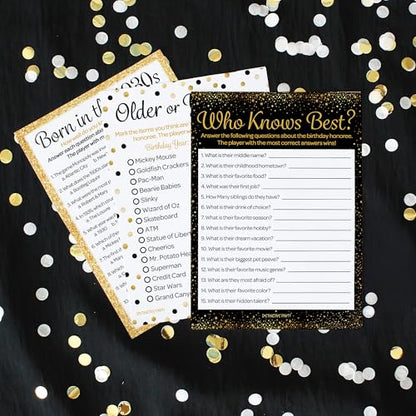 Black and Gold 90th Birthday Games Set, Born in the 1930s, 20 Guests | 5" x 7" Dual-Sided Cards, Who Knows Best, Older or Younger, and 1930s Trivia Games, Answer Keys Included - color: Black and Gold