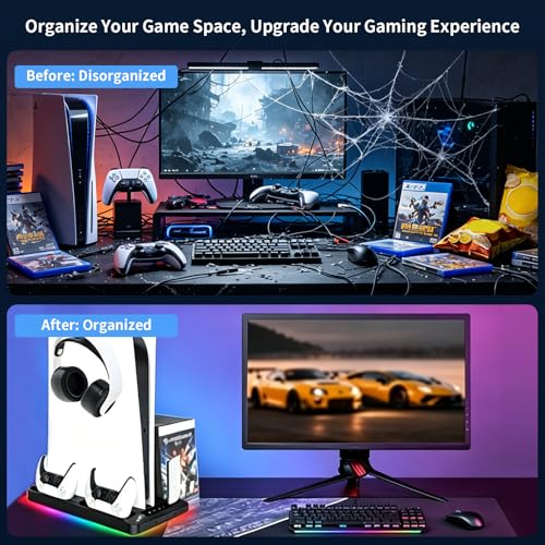 Cooling Station for Ps5/Slim/Pro Disc & Digital Playstation 5 Vertical Stand Organizer with Dual Controller Charger,16 Game Slots,7 Rgb,3 Level Cooler Fan,3 Usb Ports,Headset & Remote Holder - color: Transparent Black