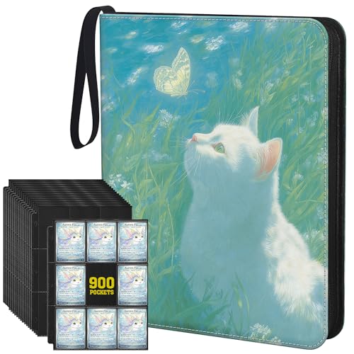 TCG Trading Card Binder, 900 Pockets, 3-Ring Zipper with 50 Double-Sided 9-Pocket Pages, Fits 2.5" x 3.5" Cards, Acid-Free PVC-Free PP Pages, PU Cover, White Cat & Butterfly Design - color: Cat & Butterfly