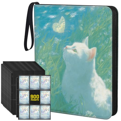 TCG Trading Card Binder, 900 Pockets, 3-Ring Zipper with 50 Double-Sided 9-Pocket Pages, Fits 2.5" x 3.5" Cards, Acid-Free PVC-Free PP Pages, PU Cover, White Cat & Butterfly Design - color: Cat & Butterfly