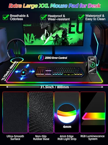Mouse Pad with Foldable Phone Holder & Wireless Charger, XXL RGB Gaming Mousepad 31.5"x15.8" Large Desk Mat for Keyboard, Black Desk Pad with Dual Qi Charging Station | 11 Colors 5 Modes | Waterproof - color: Black-Right Phone Holder-31.5"x15.8"(with Char