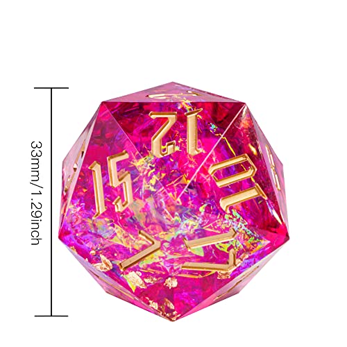 Cusdie Single D20 DND Dice with Sharp Edges and Glitter Foil Inclusions, 20 Sided D&D Dice, 33mm Handcrafted, for Role Playing Game (Red) - color: Red