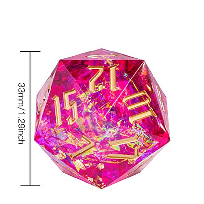 Cusdie Single D20 DND Dice with Sharp Edges and Glitter Foil Inclusions, 20 Sided D&D Dice, 33mm Handcrafted, for Role Playing Game (Red) - color: Red