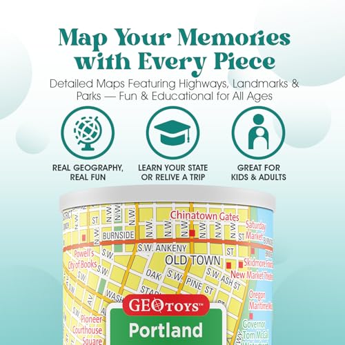 Geotoys Portland Mini City Puzzle - 100 Piece Puzzles for Kids and Adults in Portable Can, 13" x 10" Educational Travel Puzzle for Ages 7 and Up - Mini Puzzles to Learn & Explore Geography - style: Portland