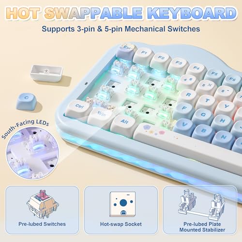YUNZII C75 Wireless Mechanical Keyboard,75% Layout, Hot-Swappable NKRO,BT5.0/2.4G/USB-C Mode,Dye-Sub PBT MOA Keycaps,RGB Gasket Mount,Cute Cake Design for Mac/Win/Gaming (Blue, Milk V2 Switch) - color: Blue, size: Milk V2 Switch