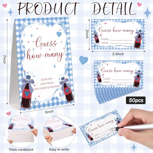 Blue Soda Guess How Many Baby Shower Game Pack of 1 Tabletop Sign with Stand and 50 How Many Cards, Red and Blue Soda Gender Reveal Party Game Decorations - style: Blue Soda