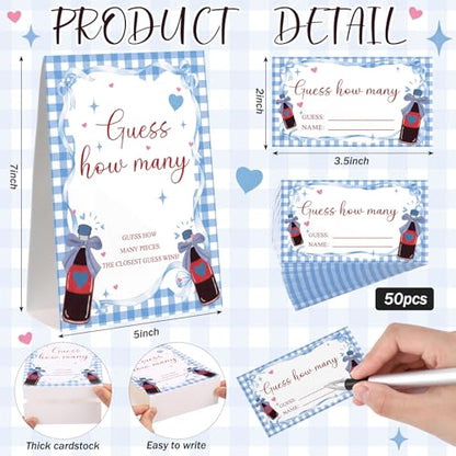 Blue Soda Guess How Many Baby Shower Game Pack of 1 Tabletop Sign with Stand and 50 How Many Cards, Red and Blue Soda Gender Reveal Party Game Decorations - style: Blue Soda