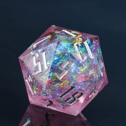 Cusdie Single D20 DND Dice with Sharp Edges and Glitter Foil Inclusions, 20 Sided D&D Dice, 33mm Handcrafted Polyhedral Dice, for Role Playing Game (Purple/Silver Font) - color: Purple