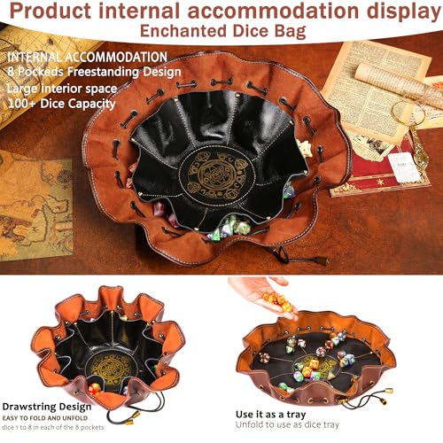 Full-Grain Leather Dice Pouch with Built-in Rolling Tray, Magic-Themed, Large Capacity Collector's Organizer for D&D, RPGs & Dice Enthusiasts