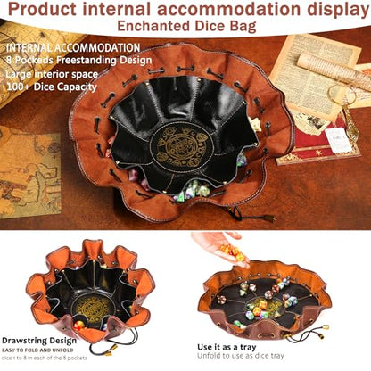 Full-Grain Leather Dice Pouch with Built-in Rolling Tray, Magic-Themed, Large Capacity Collector's Organizer for D&D, RPGs & Dice Enthusiasts
