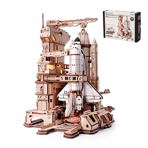 ROKR 3D Wooden Puzzles Space Shuttle-Dynamic Launch Base with Motorized Lift, LED Light Effects, 1:420 Scale Collectible Building Kit Airplane Wooden Puzzles Gift for Adults