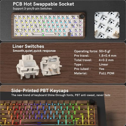 womier L65 60% Brown Mechanical Keyboard with Knob,4000mAh,Tri Mode USB-C/BT5.0/2.4G,RGB Backlit,Hot Swap,Linear Switch,Gasket Mounted Wireless Gaming Keyboard for PC/Mac,Wood Pattern Theme - color: Wood Pattern theme
