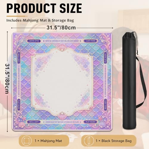 Mermaid Scale Mahjong Mat for Table 31.5 x 31.5 Non Slip Noise Mah Jongg Mats for Dominoes Poker Card Board and Tile Games Gifts - color: Mermaid Scale