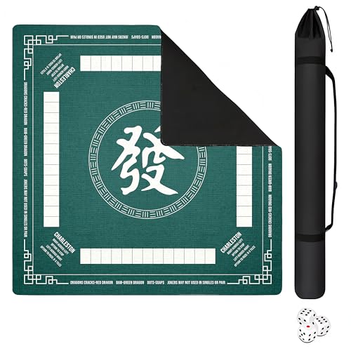 Mahjong Mat with Black Carrying Bag, 31.5"x31.5" Anti-Slip Noise Reduction Gaming Mat for Mahjong, Poker, Board Games, 3 Dice & Black Storage Bag - color: Dark Green